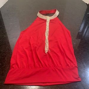 Red rhinestone collar blouse